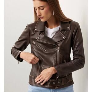 VEDA Brown Classic Leather Moto Zipper Distressed Biker Jacket Size Small